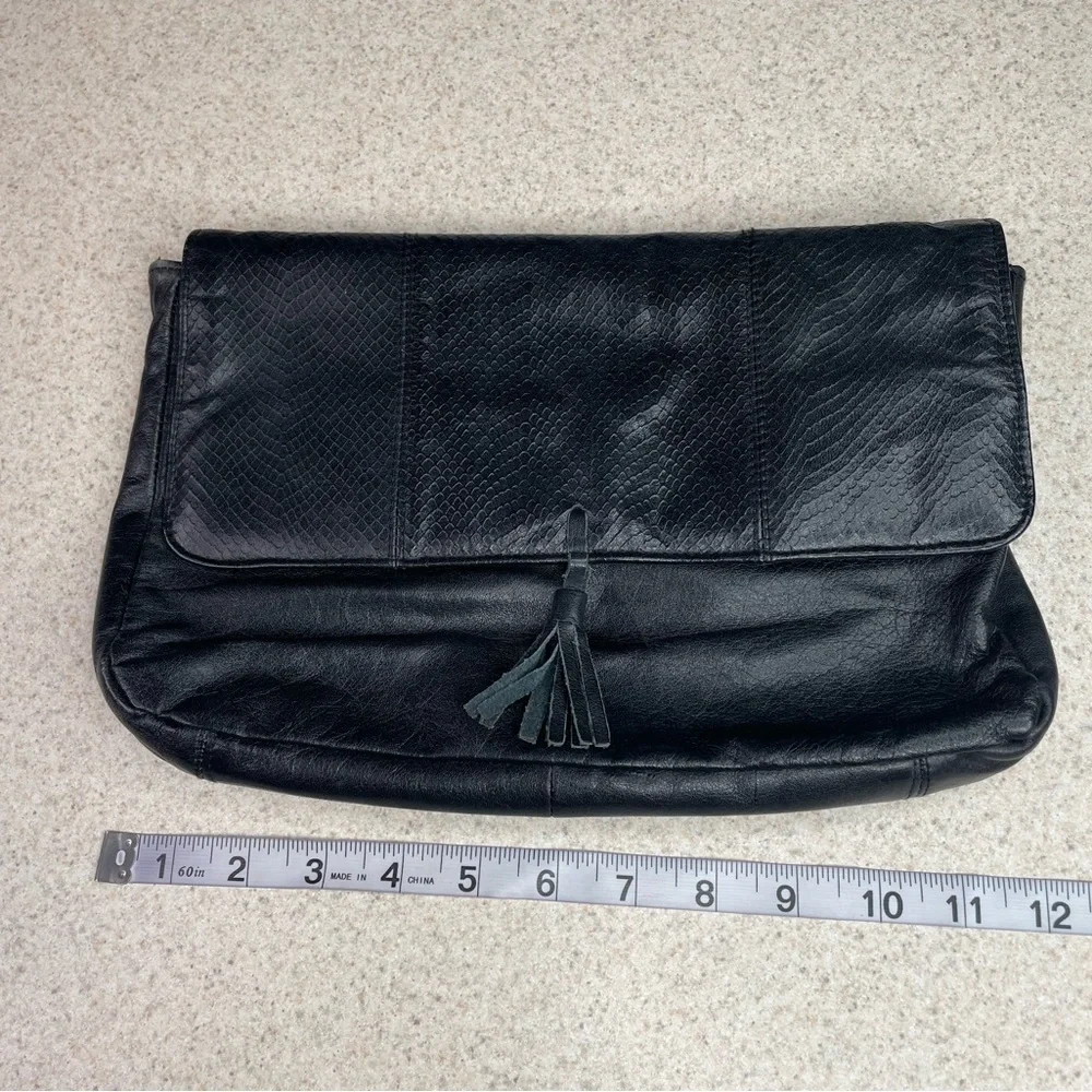 Vintage Leather Black Fold-over Clutch Tassel